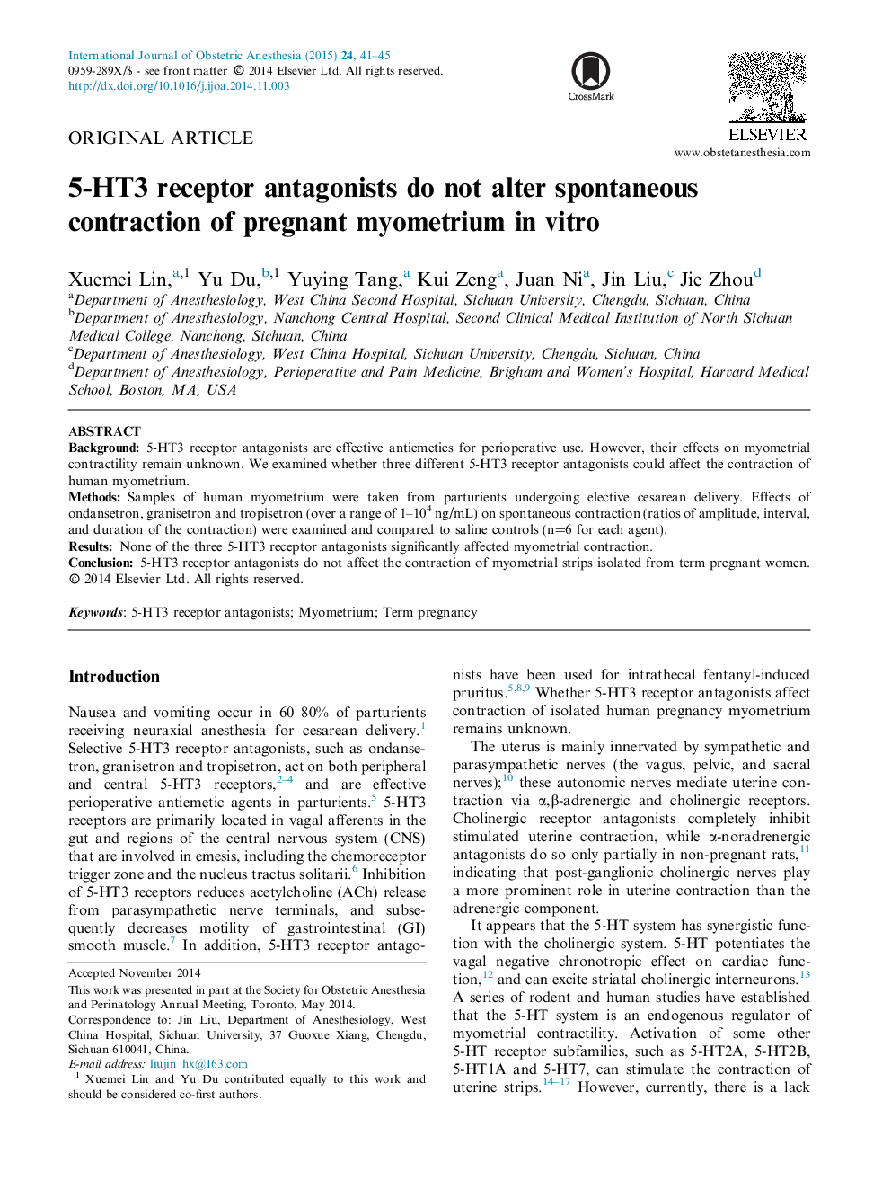 5-HT3 receptor antagonists do not alter spontaneous contraction of pregnant myometrium in vitro 