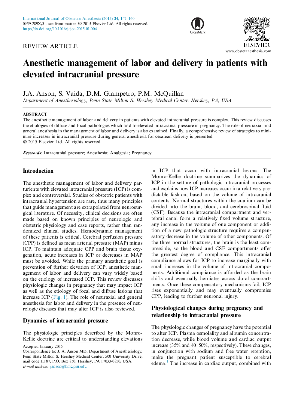 Anesthetic management of labor and delivery in patients with elevated intracranial pressure