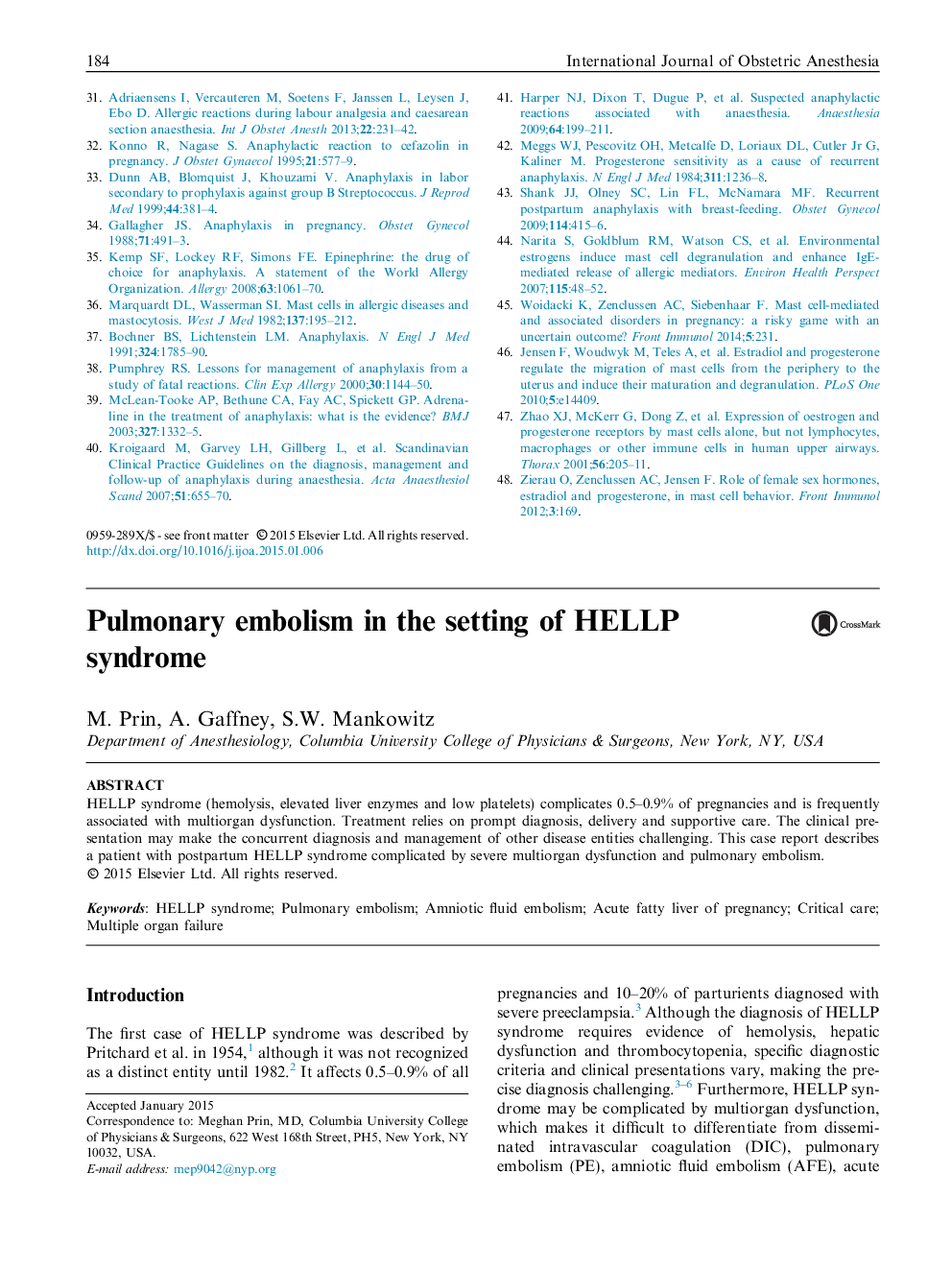 Pulmonary embolism in the setting of HELLP syndrome