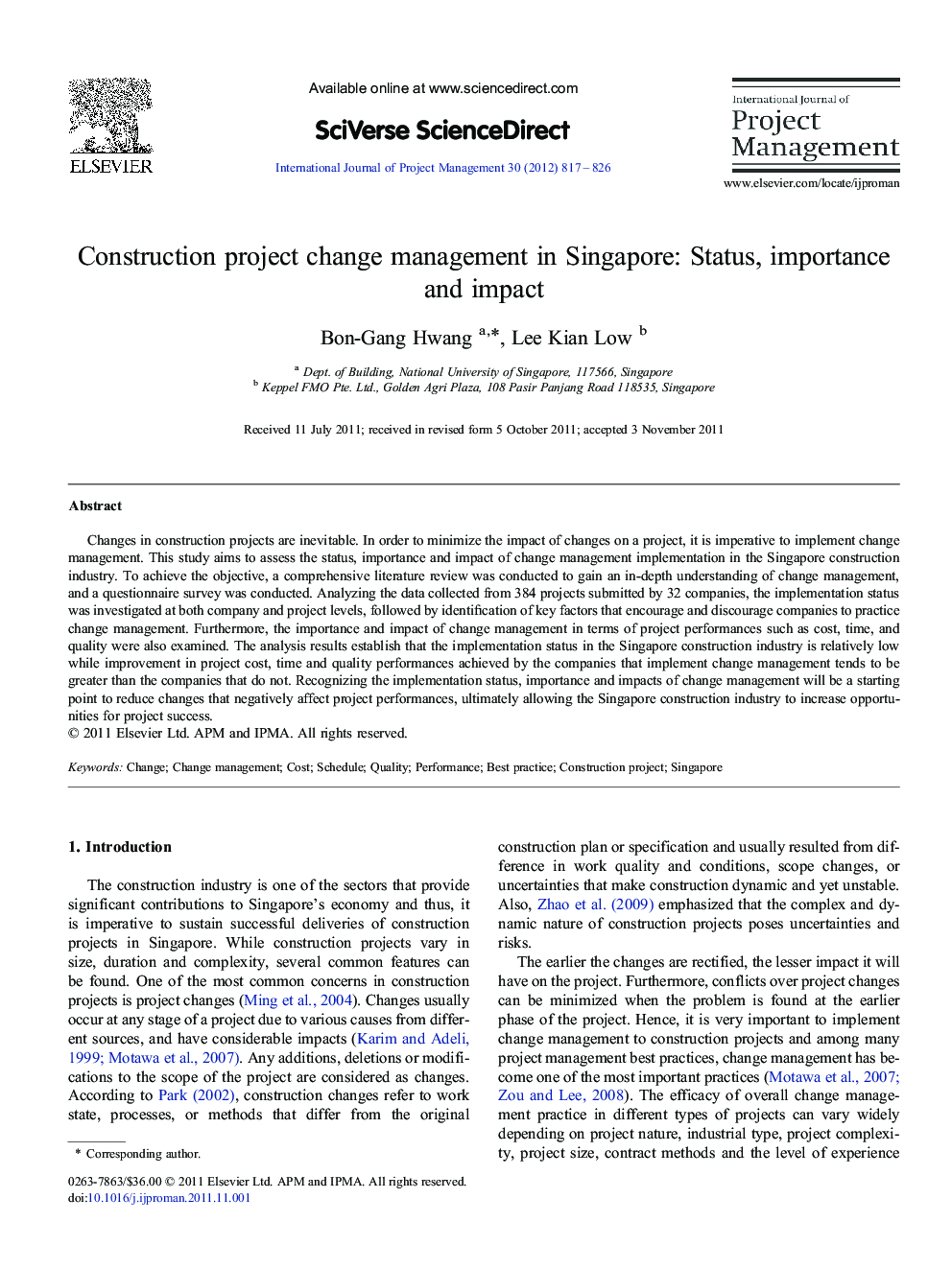 Construction project change management in Singapore: Status, importance and impact