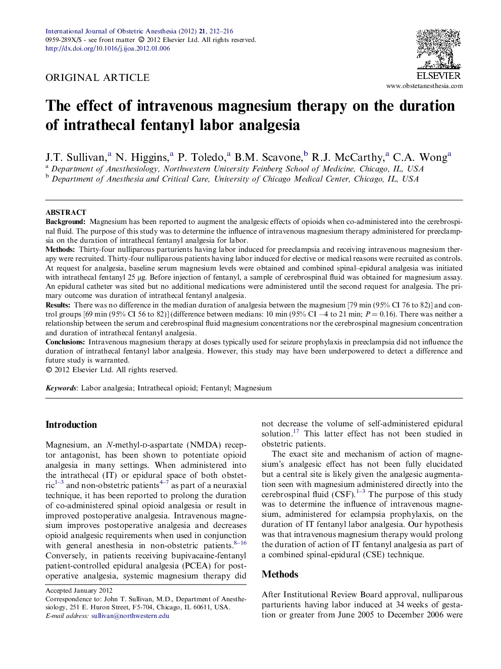 The effect of intravenous magnesium therapy on the duration of intrathecal fentanyl labor analgesia