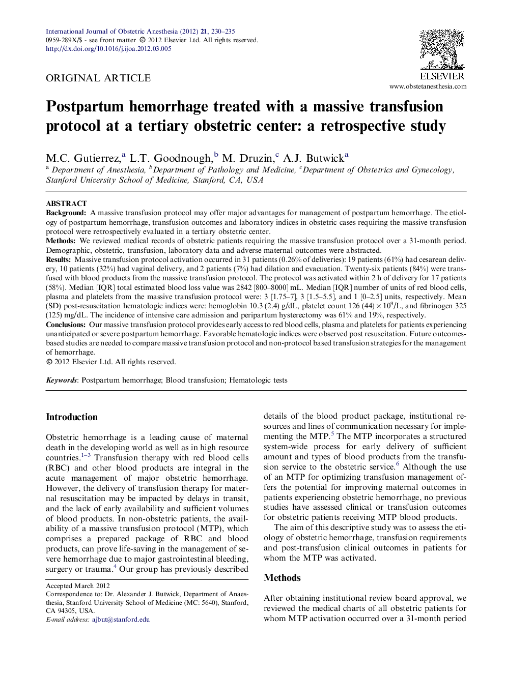 Postpartum hemorrhage treated with a massive transfusion protocol at a tertiary obstetric center: a retrospective study