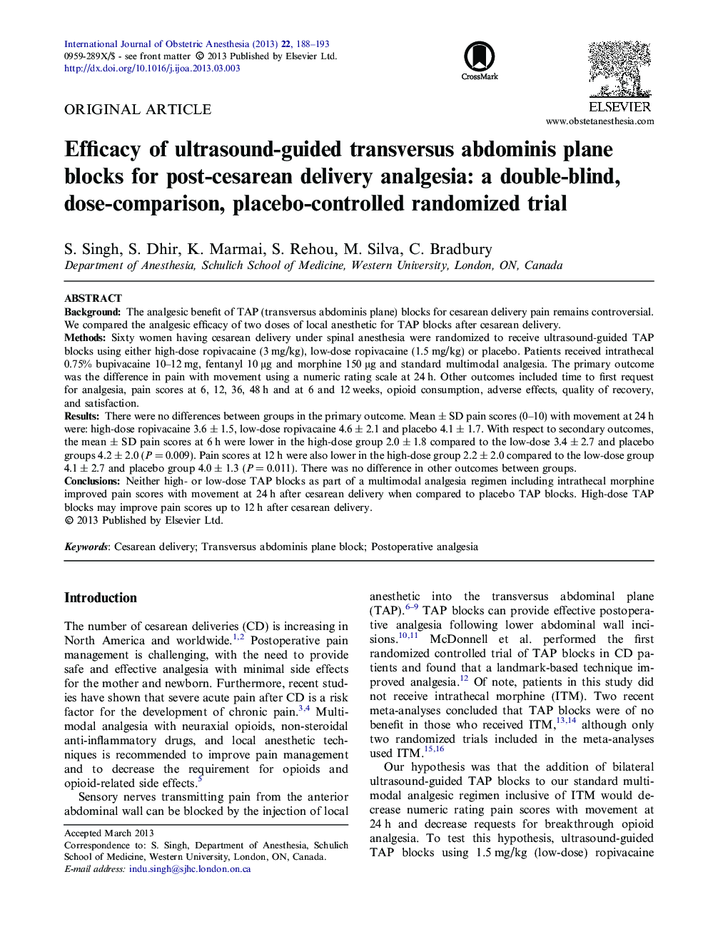 Efficacy of ultrasound-guided transversus abdominis plane blocks for post-cesarean delivery analgesia: a double-blind, dose-comparison, placebo-controlled randomized trial