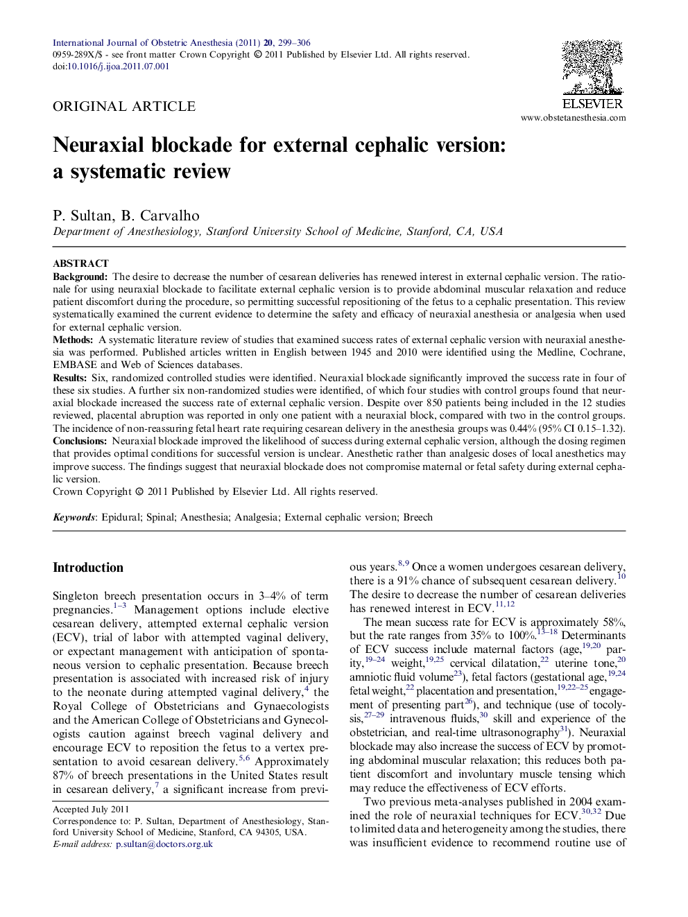 Neuraxial blockade for external cephalic version: a systematic review