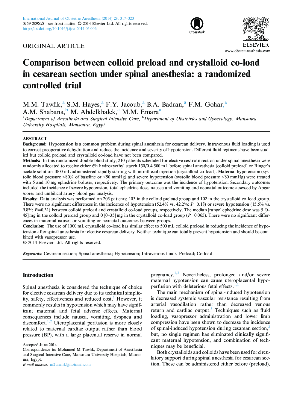 Comparison between colloid preload and crystalloid co-load in cesarean section under spinal anesthesia: a randomized controlled trial