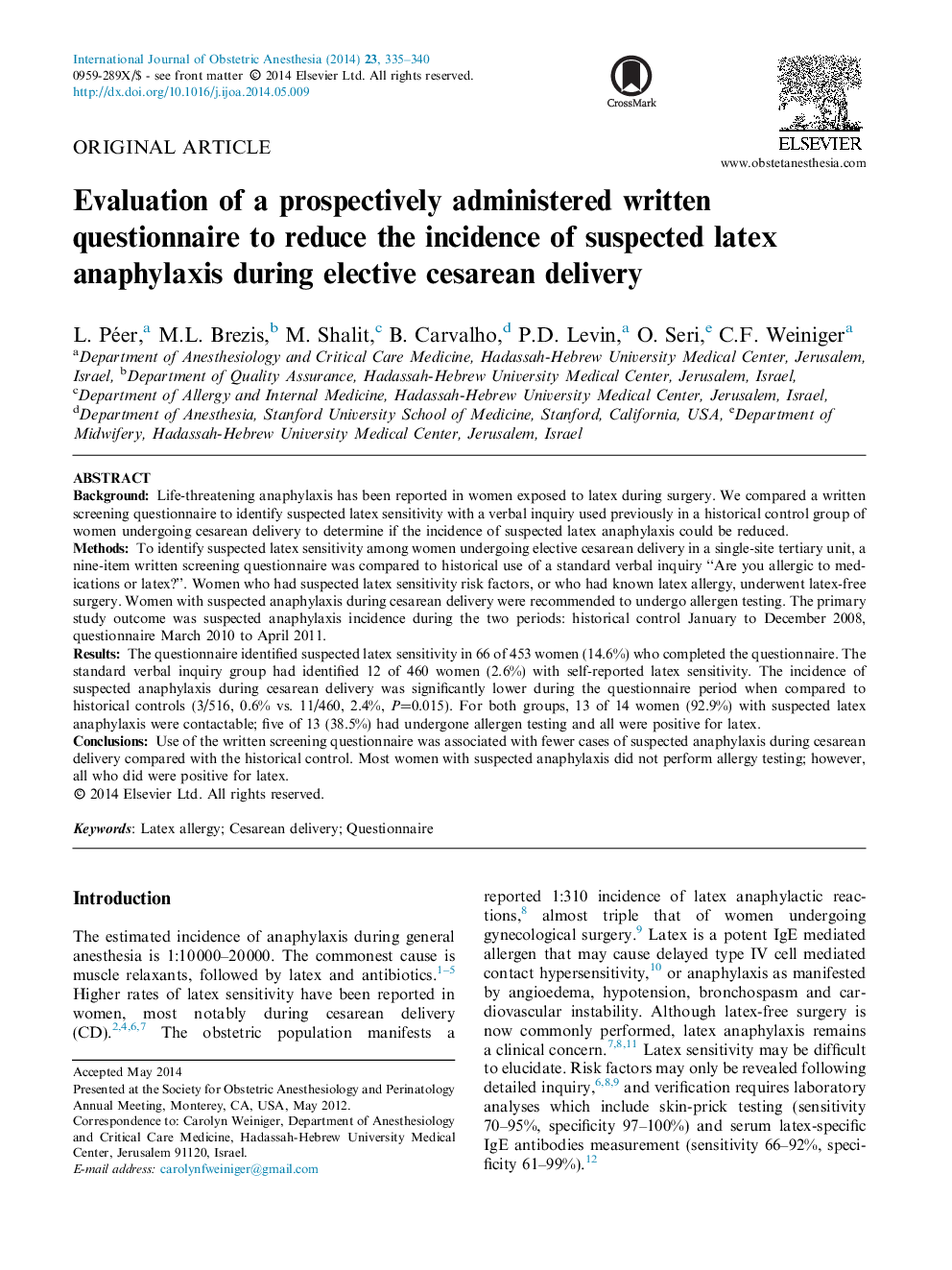 Evaluation of a prospectively administered written questionnaire to reduce the incidence of suspected latex anaphylaxis during elective cesarean delivery 