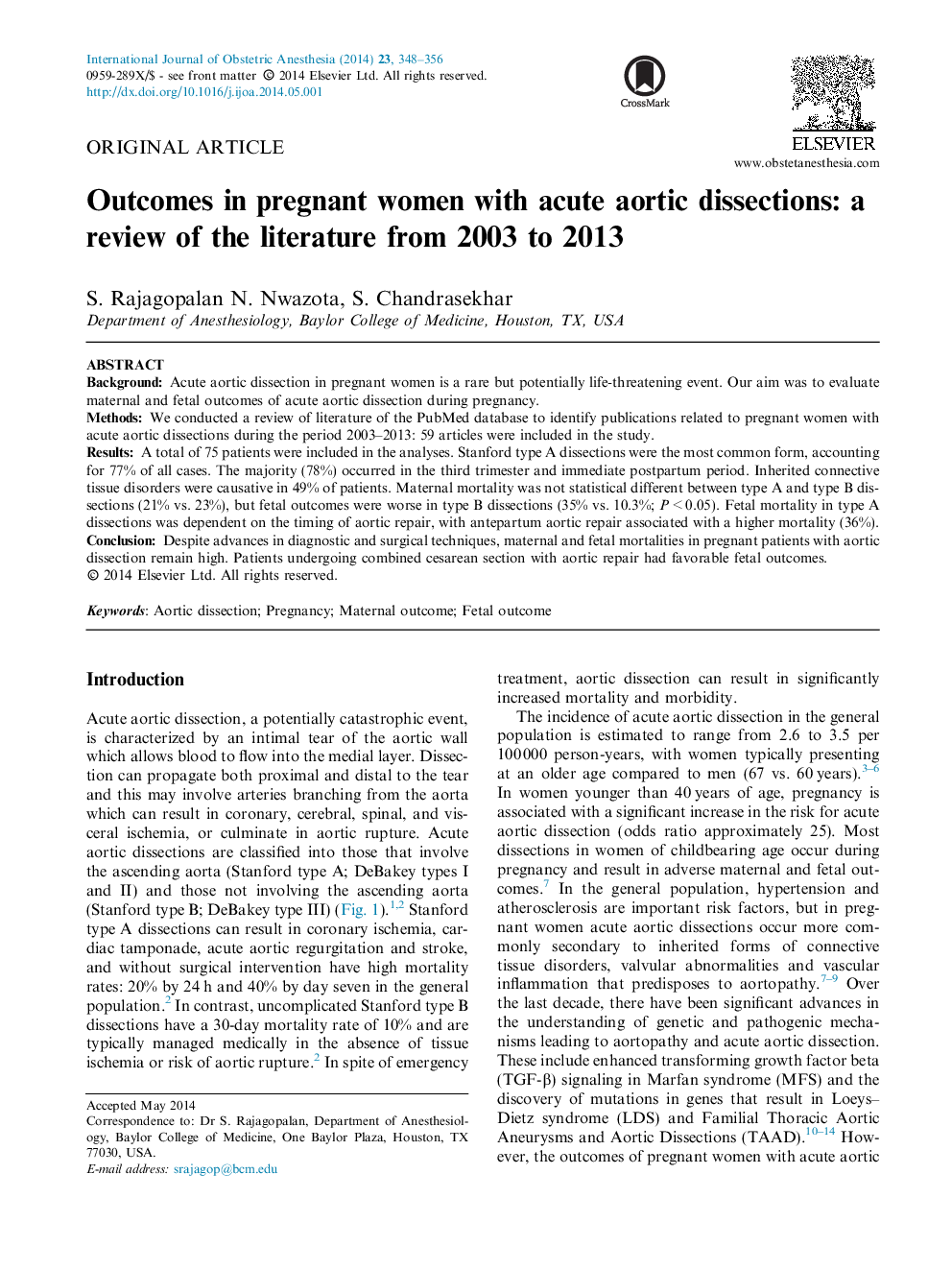 Outcomes in pregnant women with acute aortic dissections: a review of the literature from 2003 to 2013