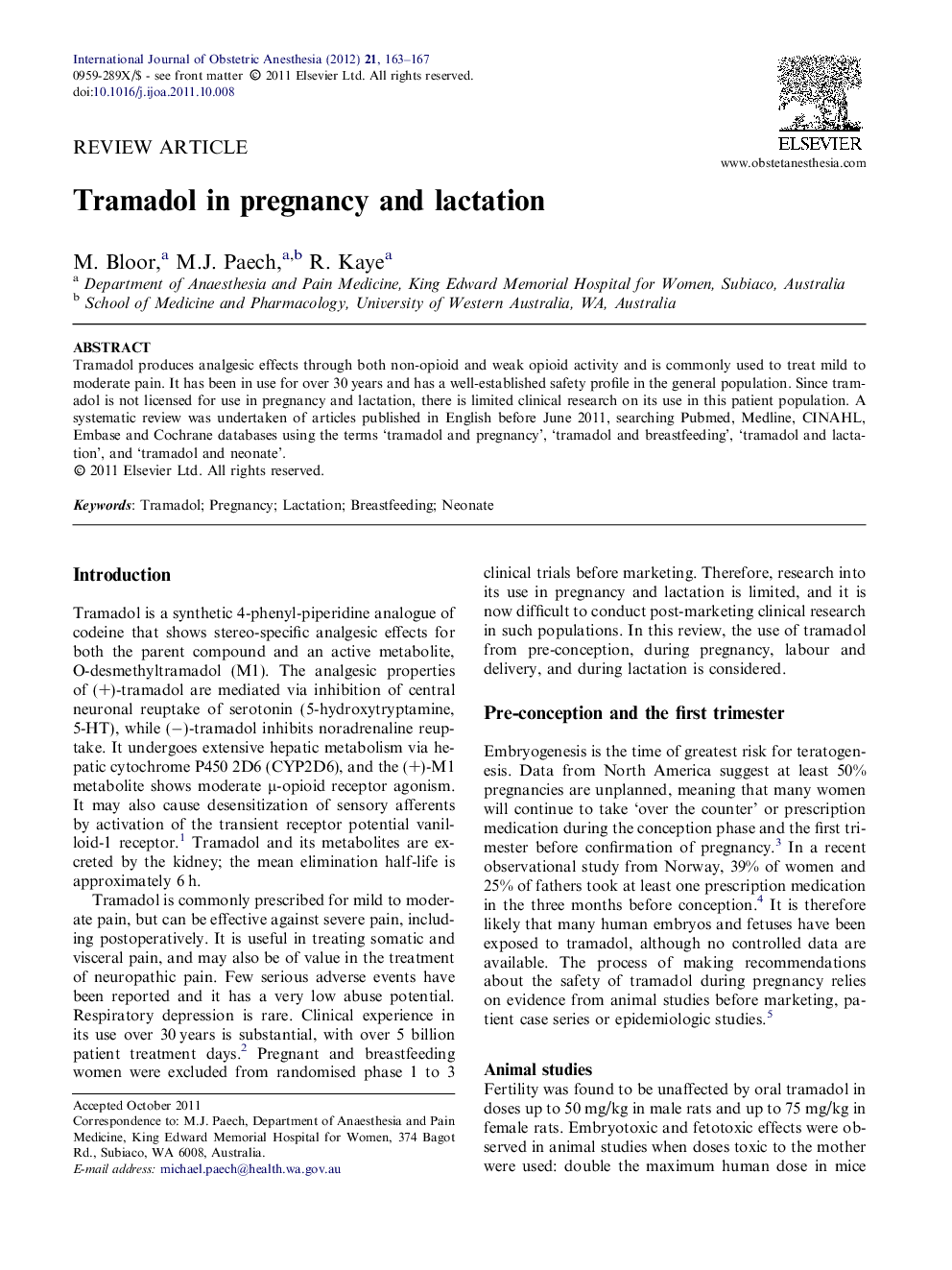 Tramadol in pregnancy and lactation