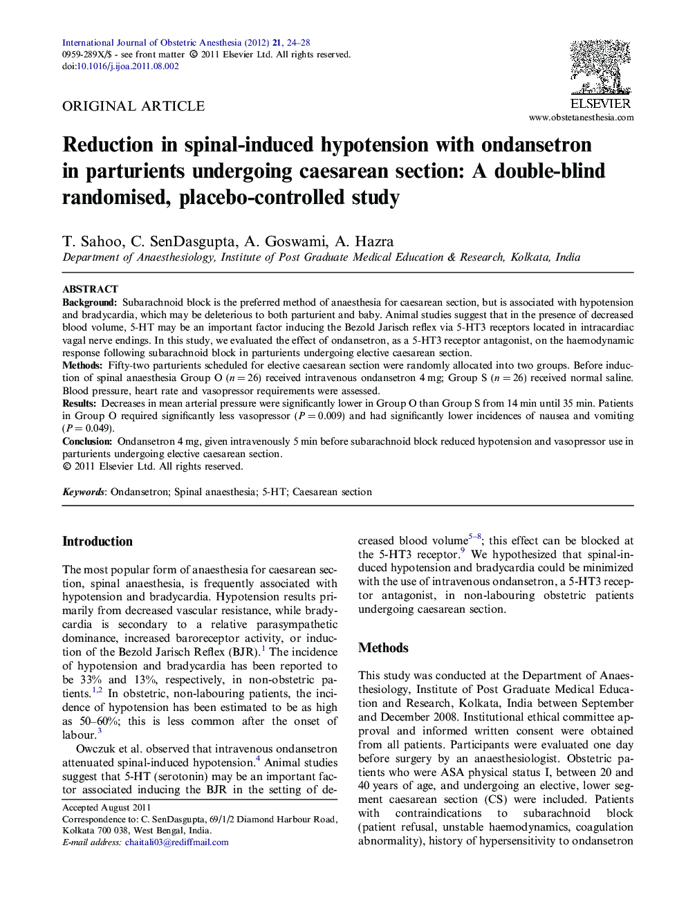 Reduction in spinal-induced hypotension with ondansetron in parturients undergoing caesarean section: A double-blind randomised, placebo-controlled study