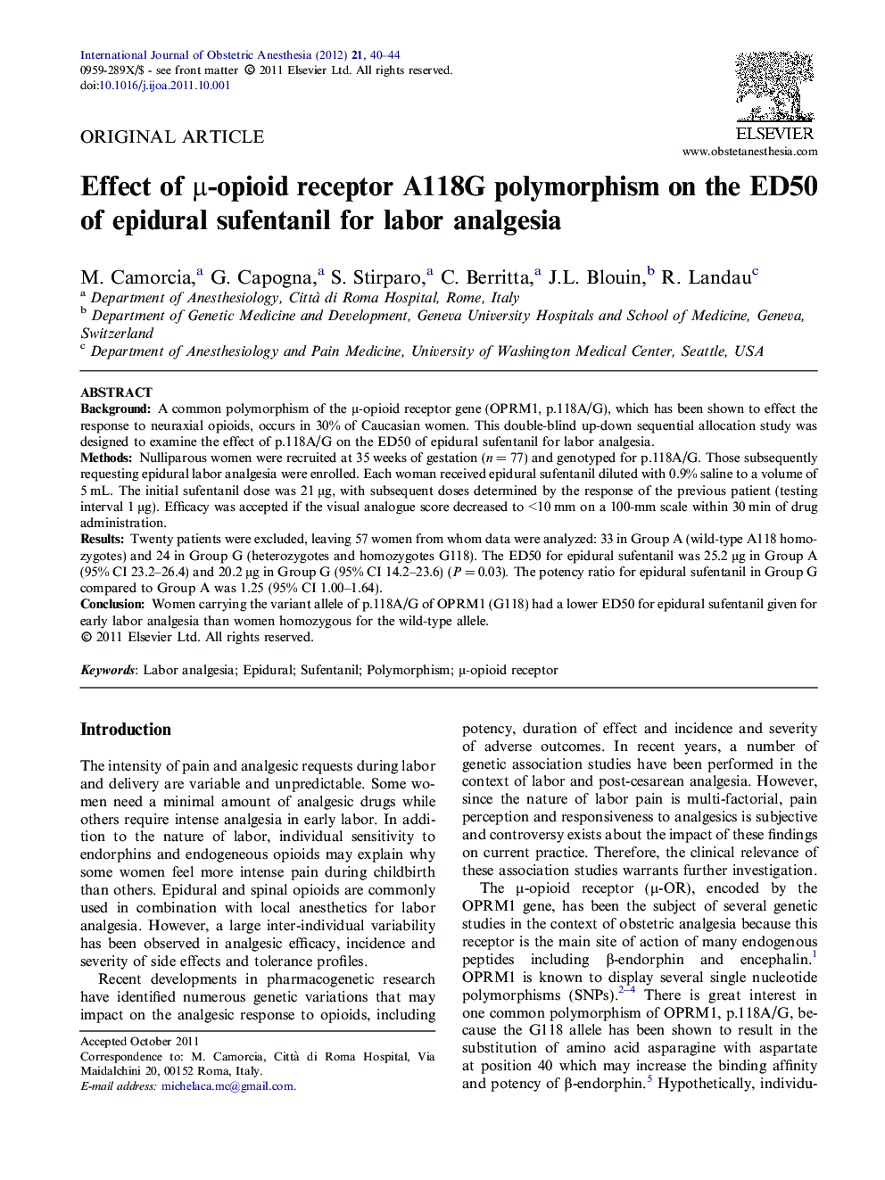Effect of μ-opioid receptor A118G polymorphism on the ED50 of epidural sufentanil for labor analgesia