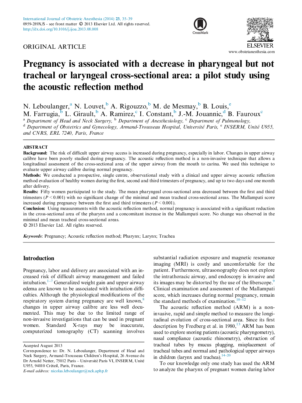 Pregnancy is associated with a decrease in pharyngeal but not tracheal or laryngeal cross-sectional area: a pilot study using the acoustic reflection method