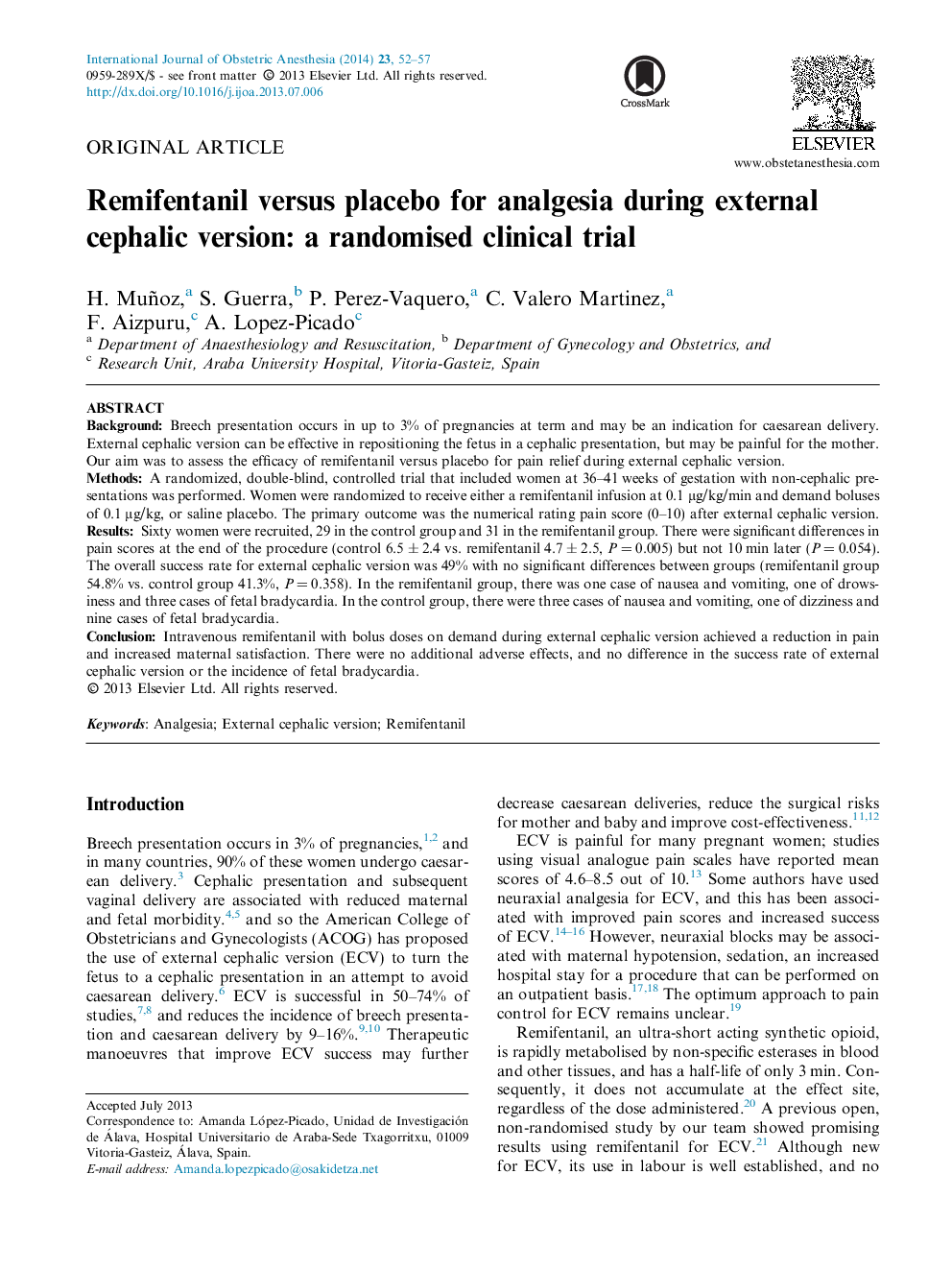 Remifentanil versus placebo for analgesia during external cephalic version: a randomised clinical trial