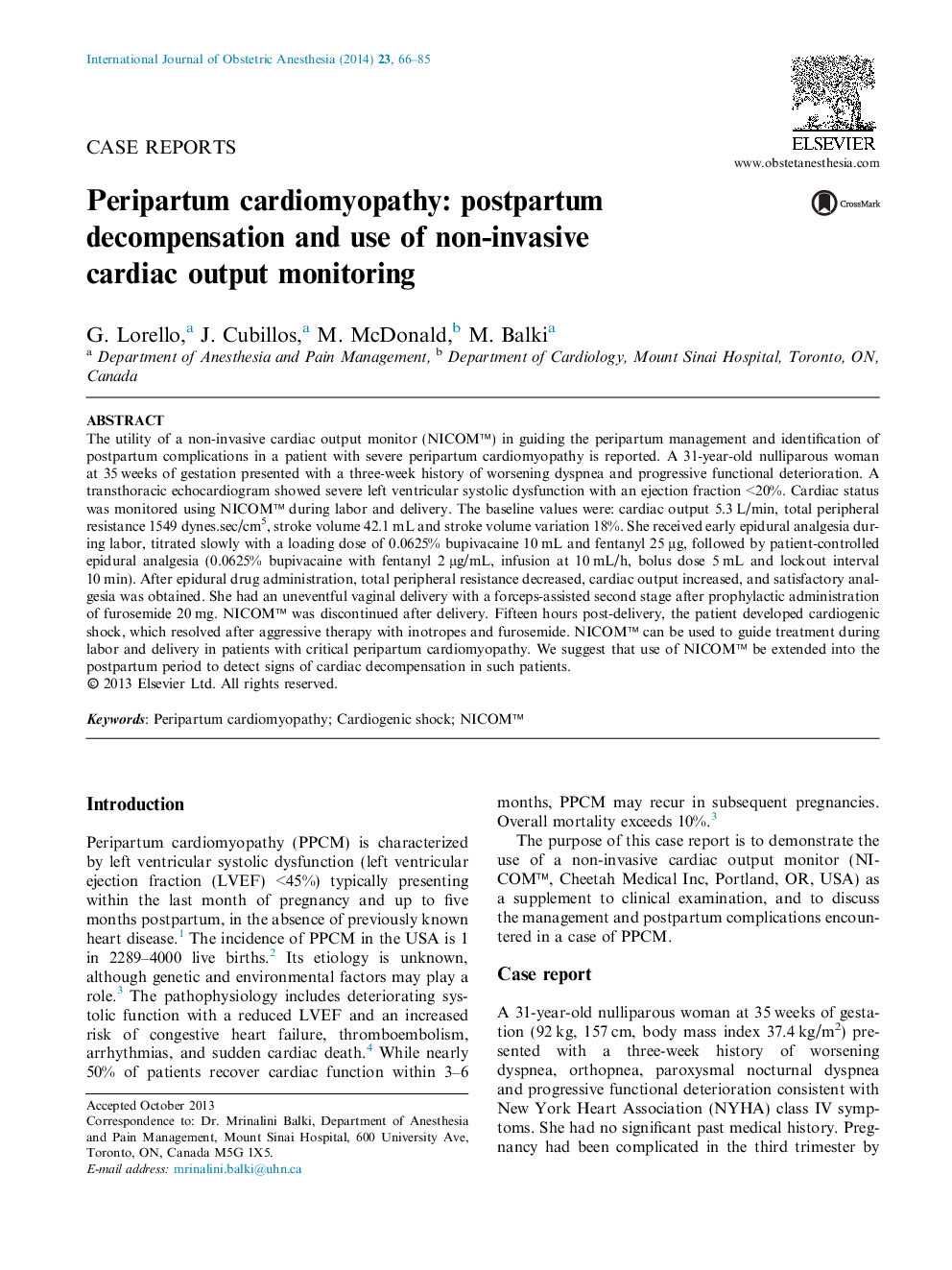 Peripartum cardiomyopathy: postpartum decompensation and use of non-invasive cardiac output monitoring