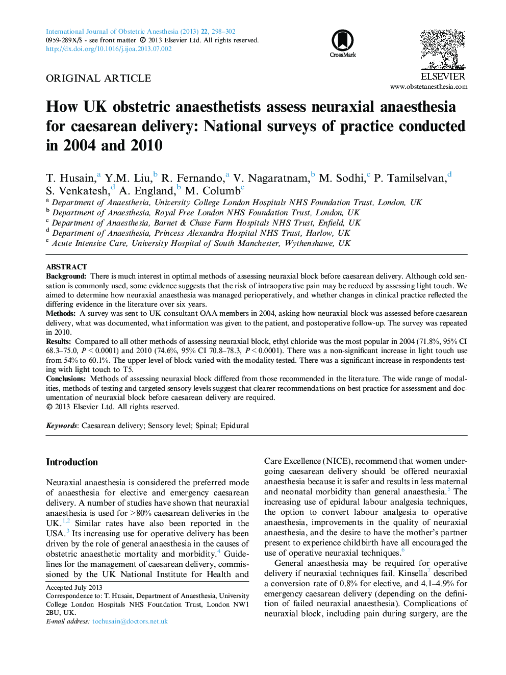 How UK obstetric anaesthetists assess neuraxial anaesthesia for caesarean delivery: National surveys of practice conducted in 2004 and 2010