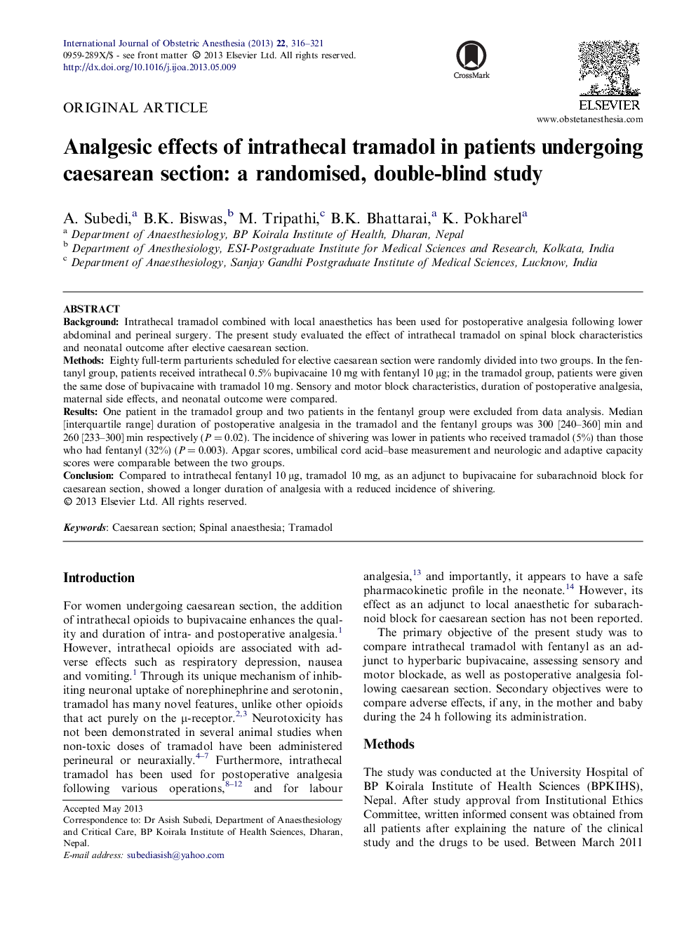 Analgesic effects of intrathecal tramadol in patients undergoing caesarean section: a randomised, double-blind study