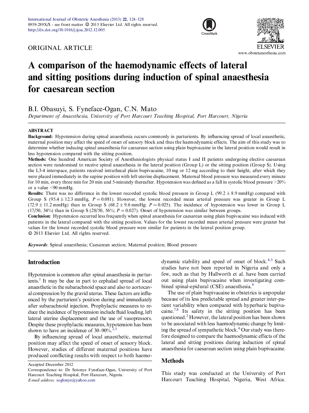 A comparison of the haemodynamic effects of lateral and sitting positions during induction of spinal anaesthesia for caesarean section