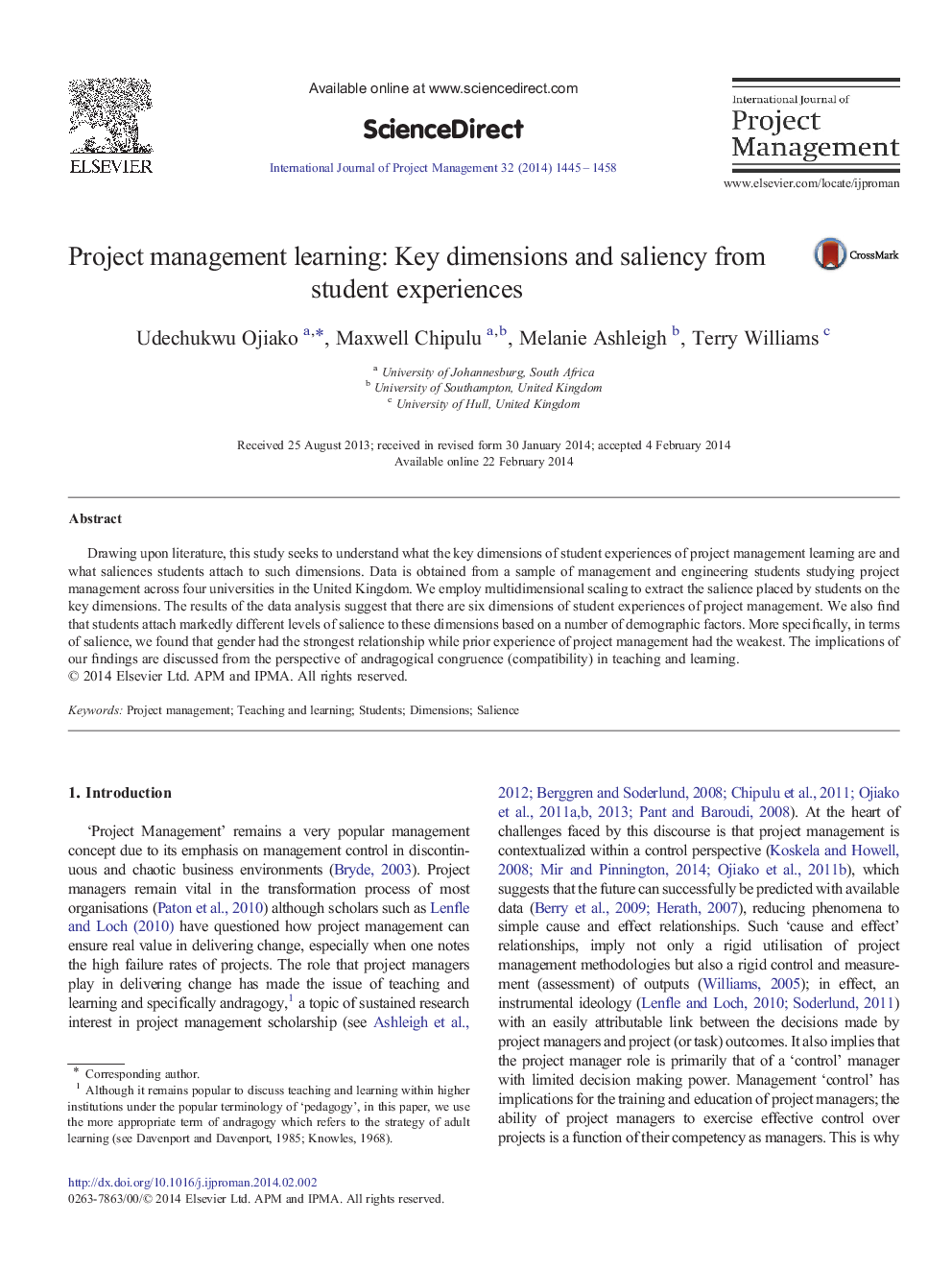 Project management learning: Key dimensions and saliency from student experiences