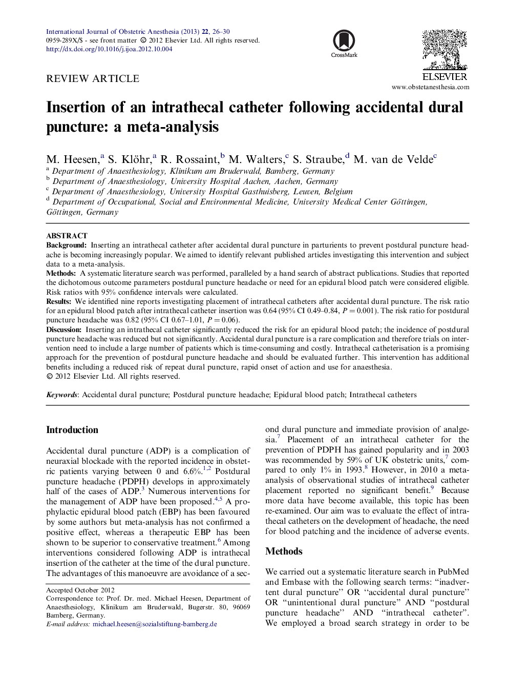 Insertion of an intrathecal catheter following accidental dural puncture: a meta-analysis