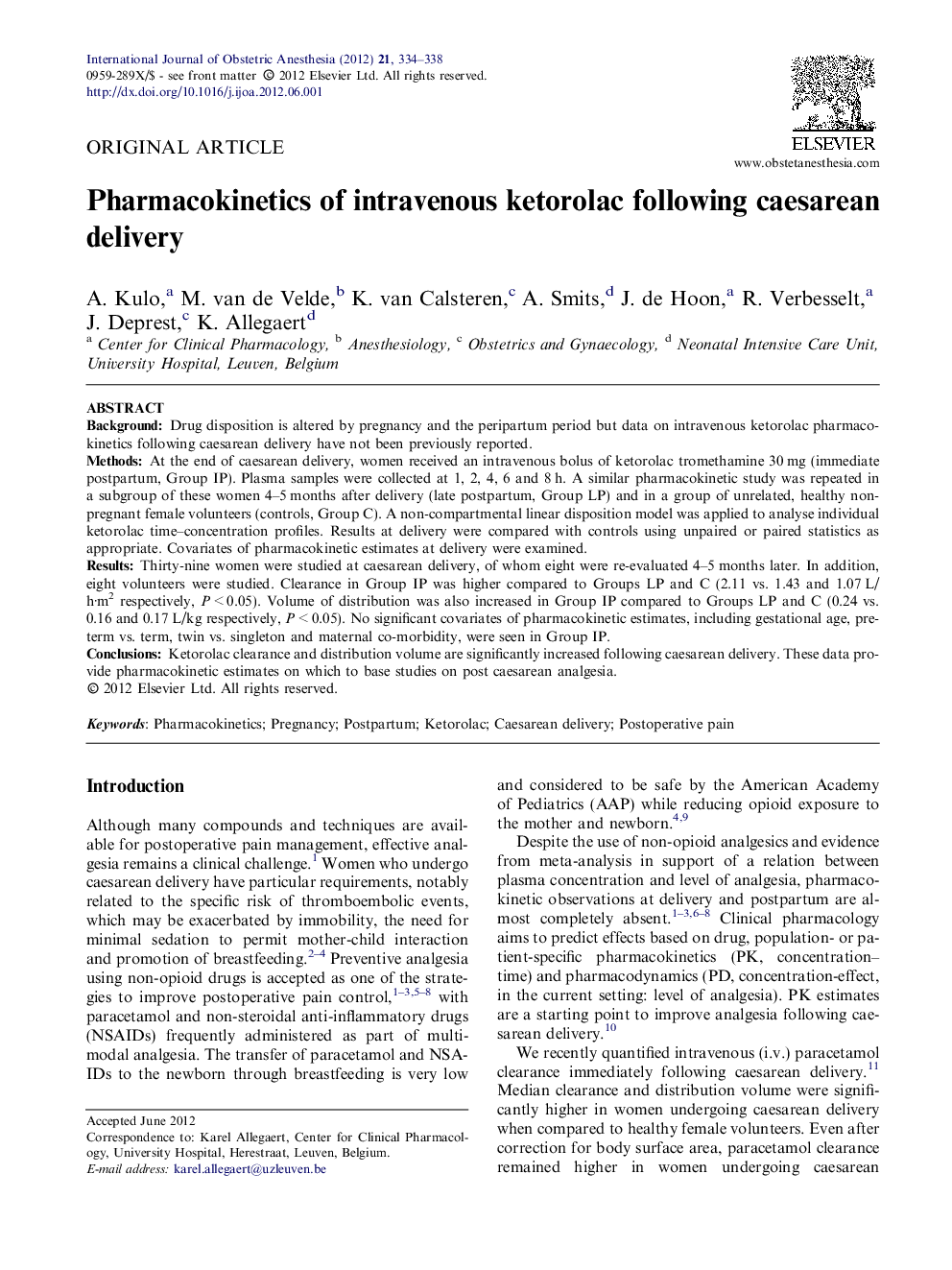 Pharmacokinetics of intravenous ketorolac following caesarean delivery