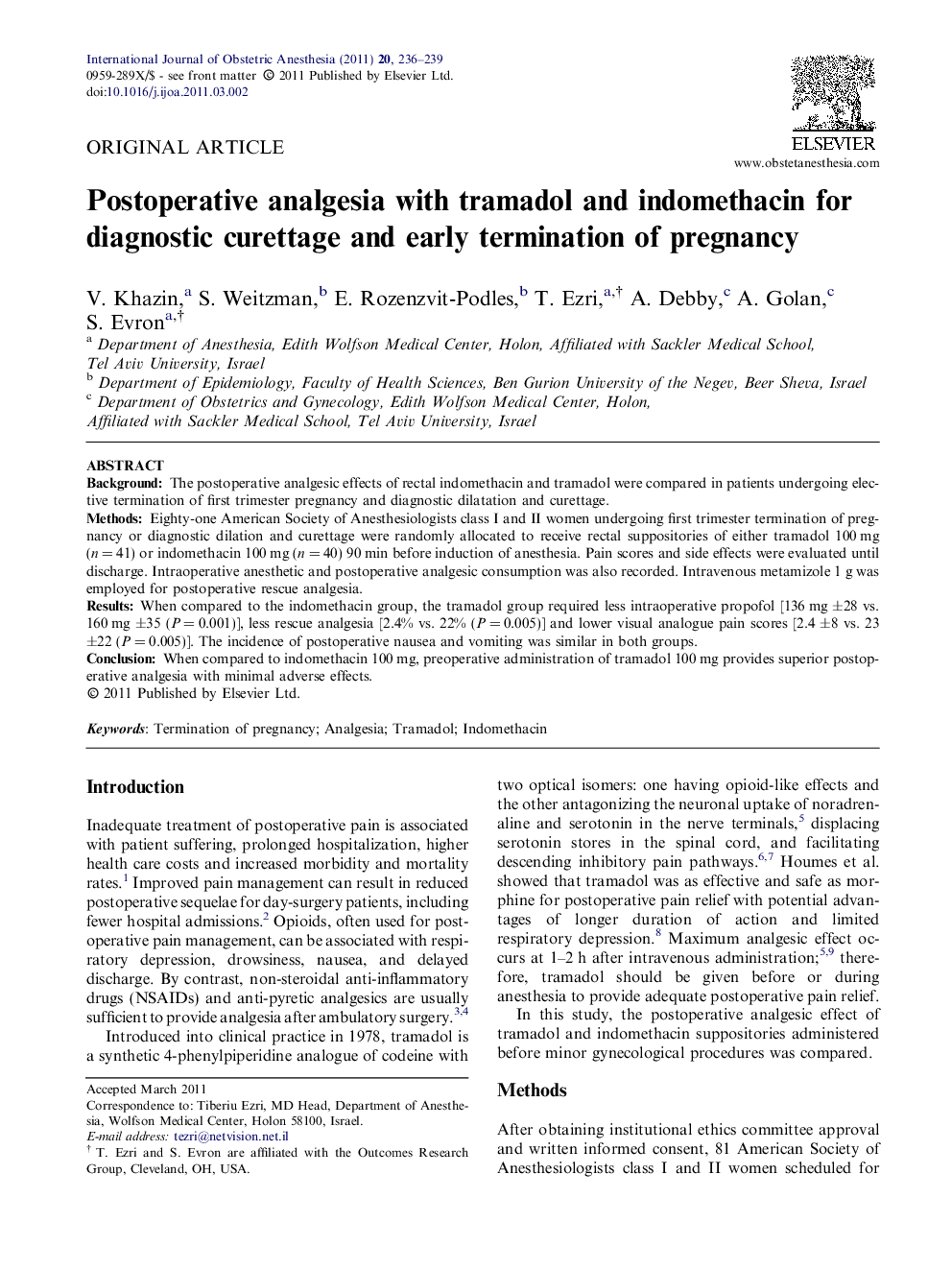 Postoperative analgesia with tramadol and indomethacin for diagnostic curettage and early termination of pregnancy