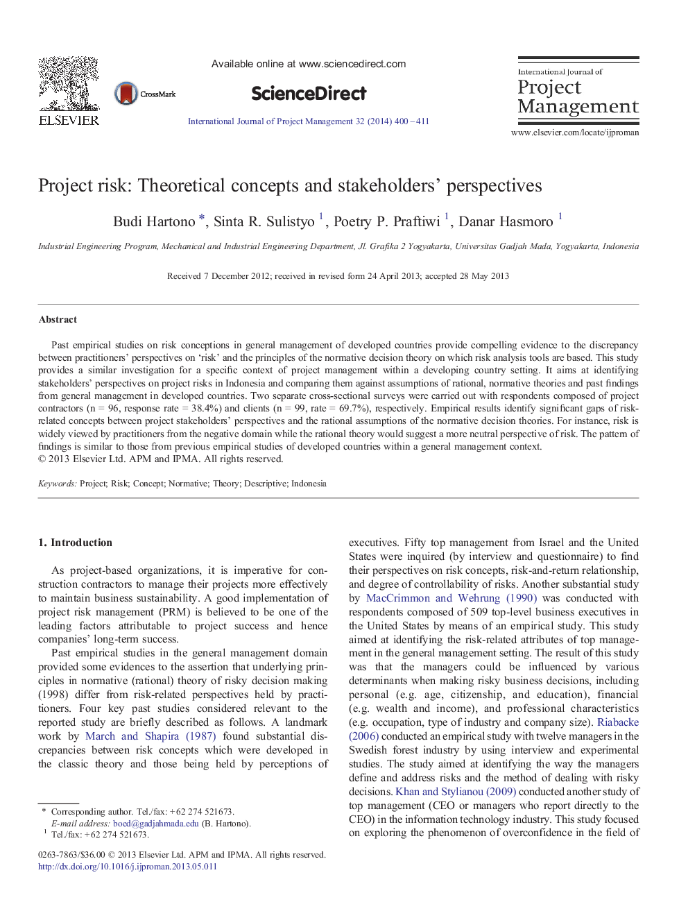 Project risk: Theoretical concepts and stakeholders' perspectives