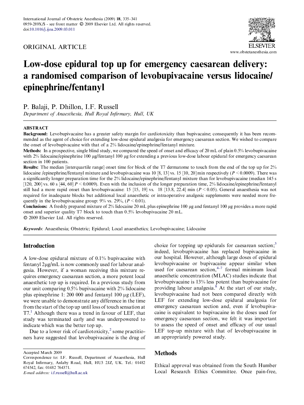 Low-dose epidural top up for emergency caesarean delivery: a randomised comparison of levobupivacaine versus lidocaine/epinephrine/fentanyl