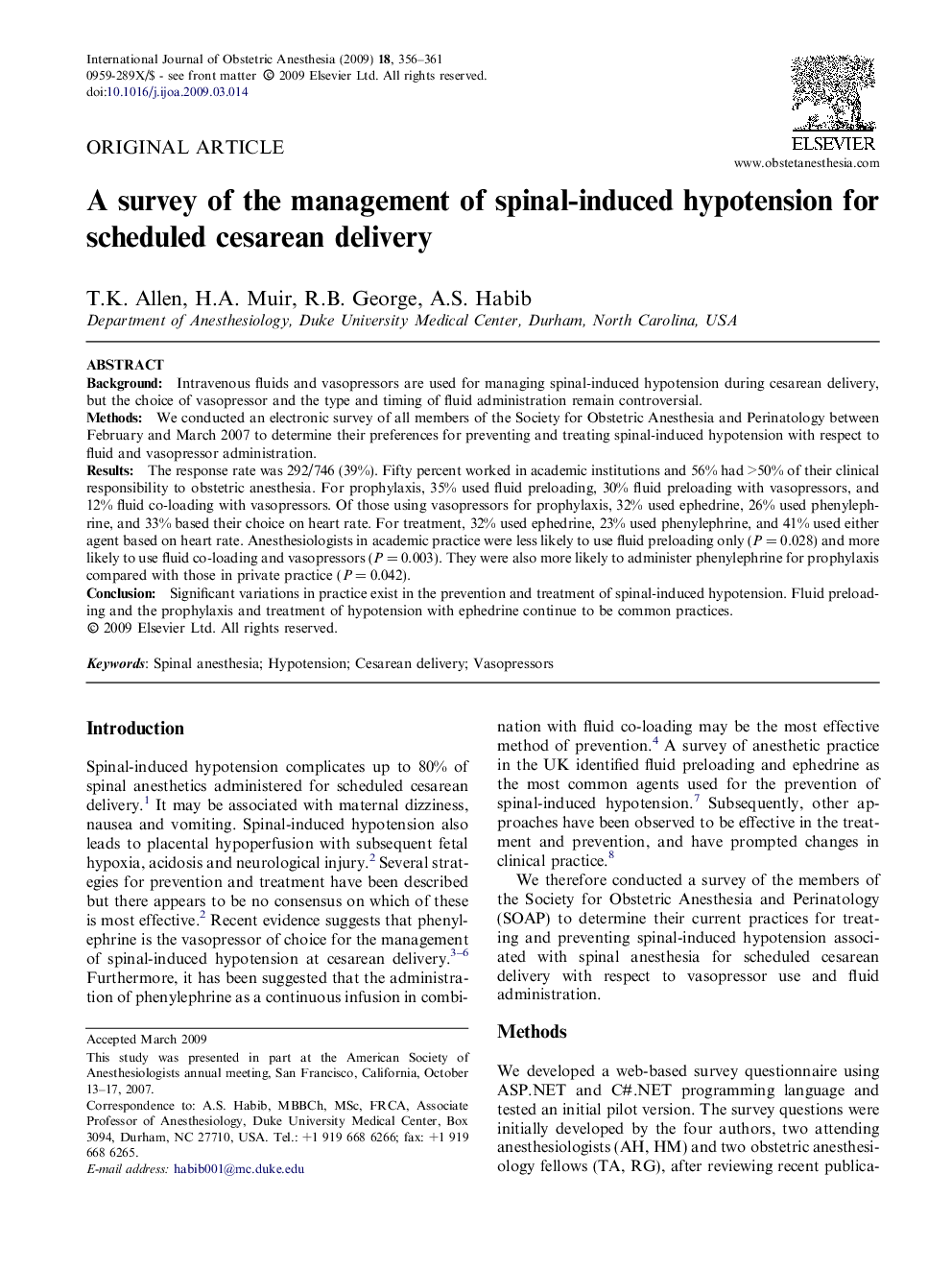 A survey of the management of spinal-induced hypotension for scheduled cesarean delivery 