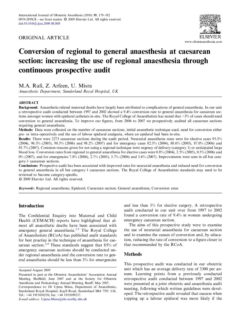 Conversion of regional to general anaesthesia at caesarean section: increasing the use of regional anaesthesia through continuous prospective audit 