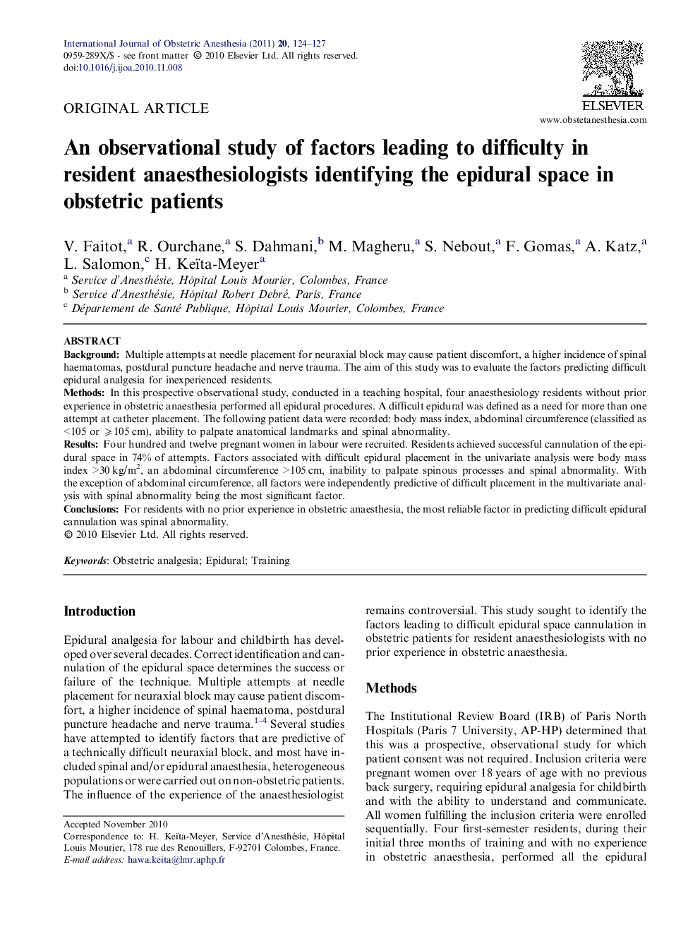 An observational study of factors leading to difficulty in resident anaesthesiologists identifying the epidural space in obstetric patients