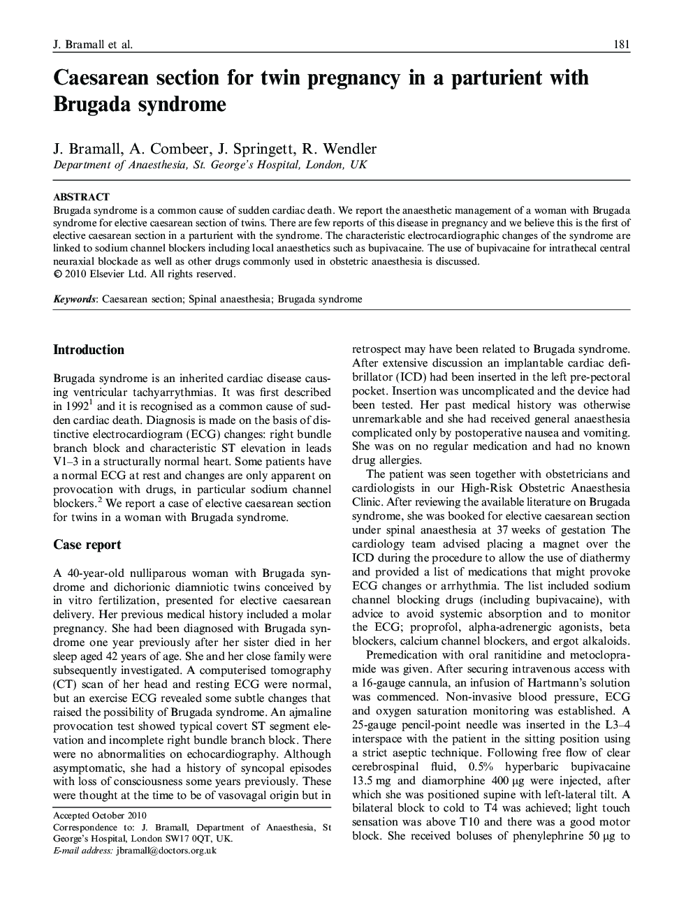 Caesarean section for twin pregnancy in a parturient with Brugada syndrome