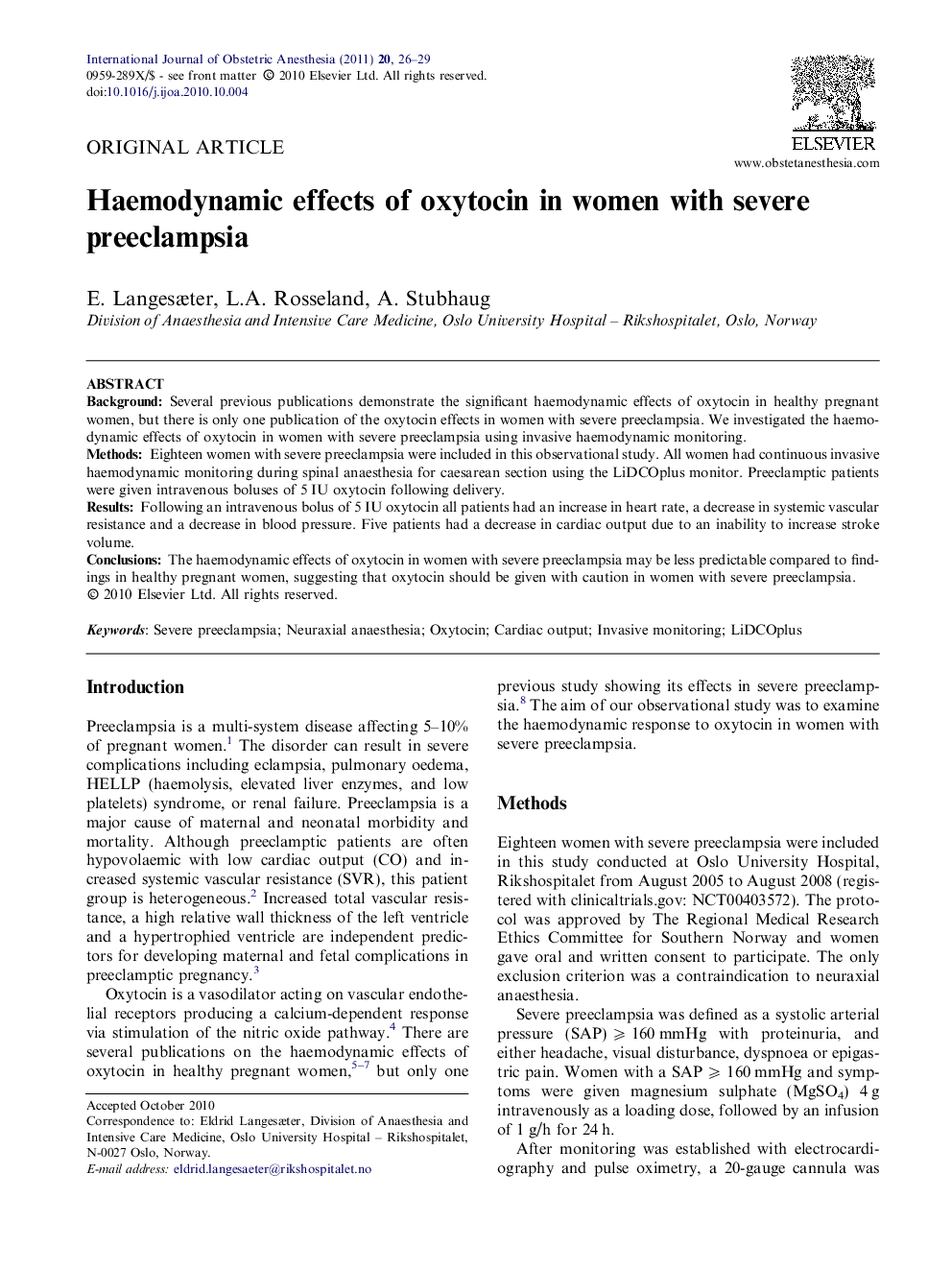 Haemodynamic effects of oxytocin in women with severe preeclampsia