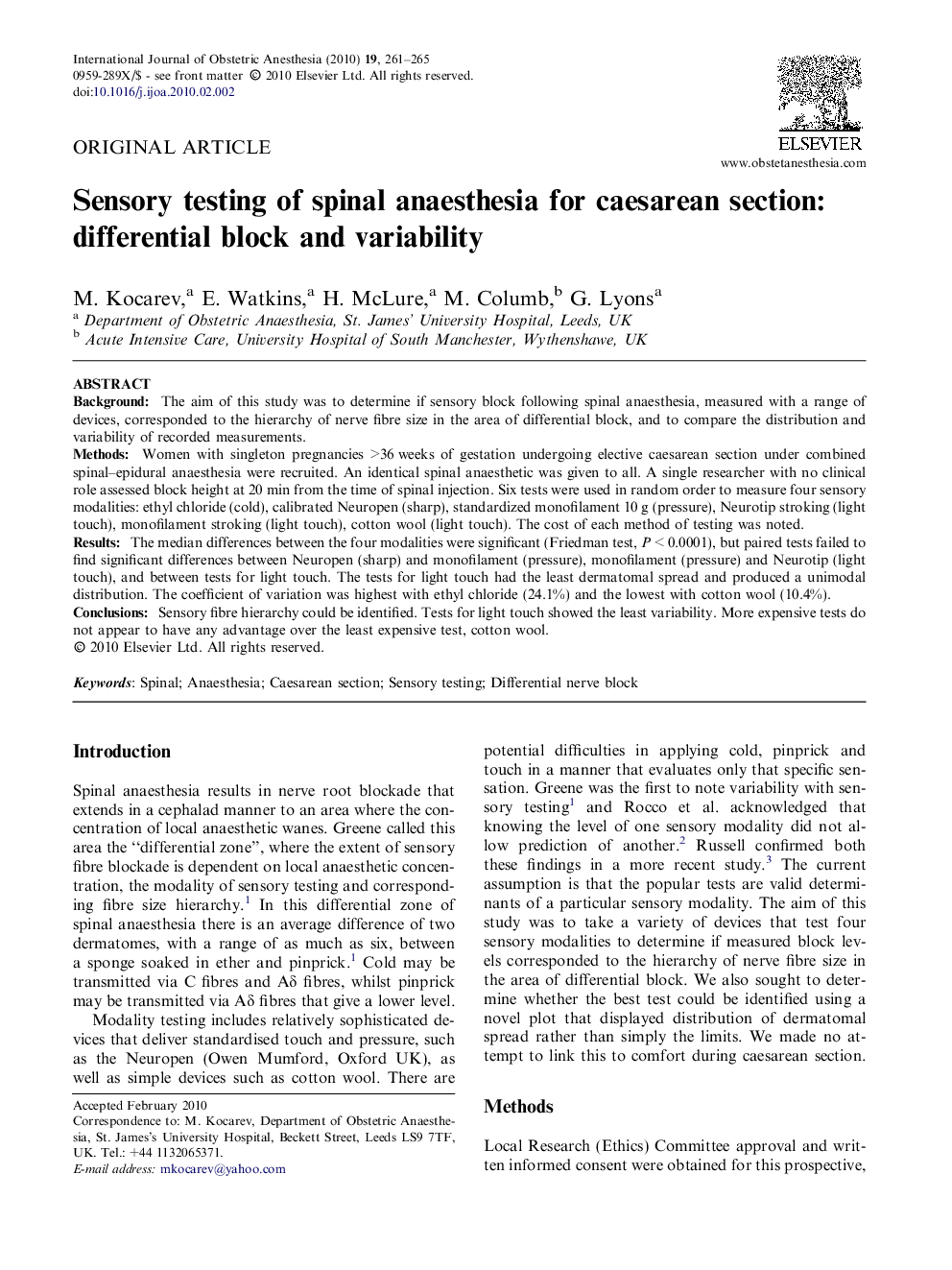 Sensory testing of spinal anaesthesia for caesarean section: differential block and variability