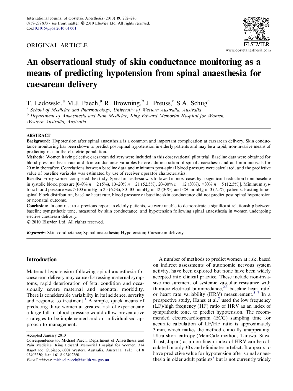 An observational study of skin conductance monitoring as a means of predicting hypotension from spinal anaesthesia for caesarean delivery