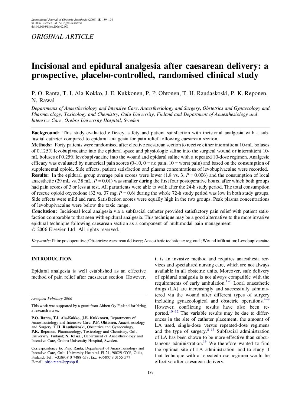 Incisional and epidural analgesia after caesarean delivery: a prospective, placebo-controlled, randomised clinical study