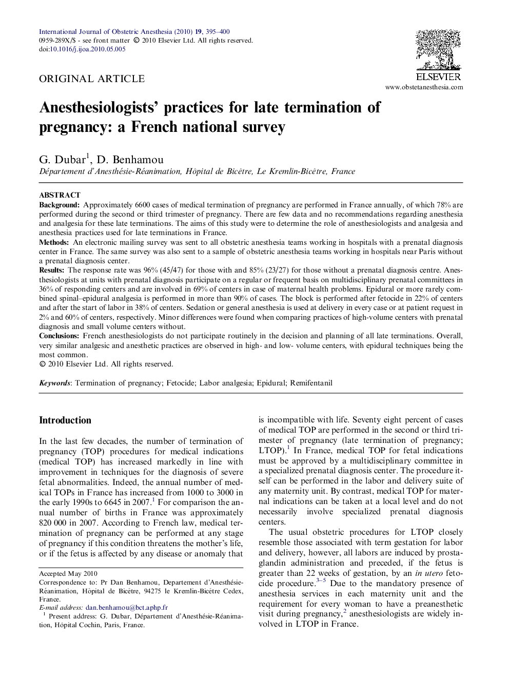 Anesthesiologists’ practices for late termination of pregnancy: a French national survey