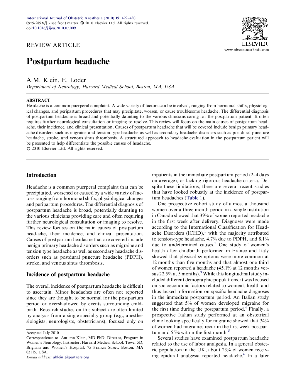 Postpartum headache