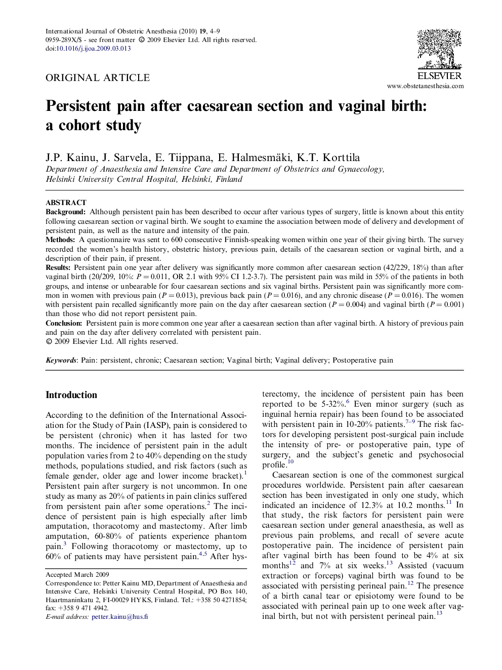 Persistent pain after caesarean section and vaginal birth: a cohort study