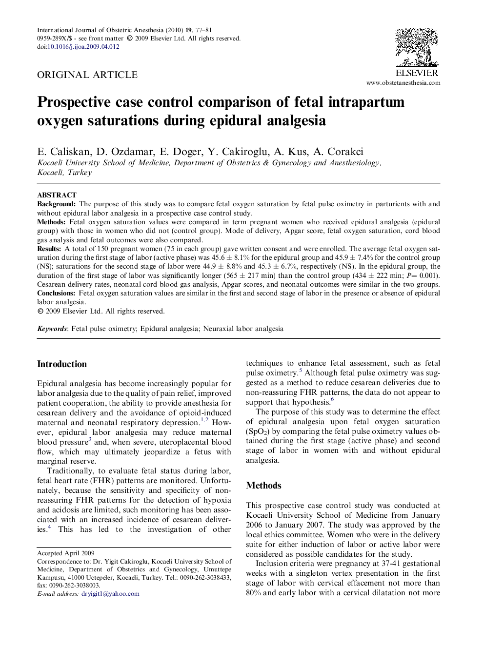 Prospective case control comparison of fetal intrapartum oxygen saturations during epidural analgesia