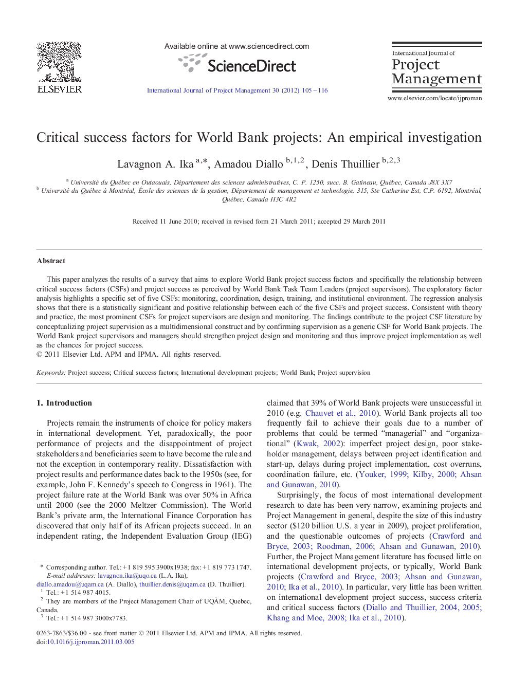 Critical success factors for World Bank projects: An empirical investigation