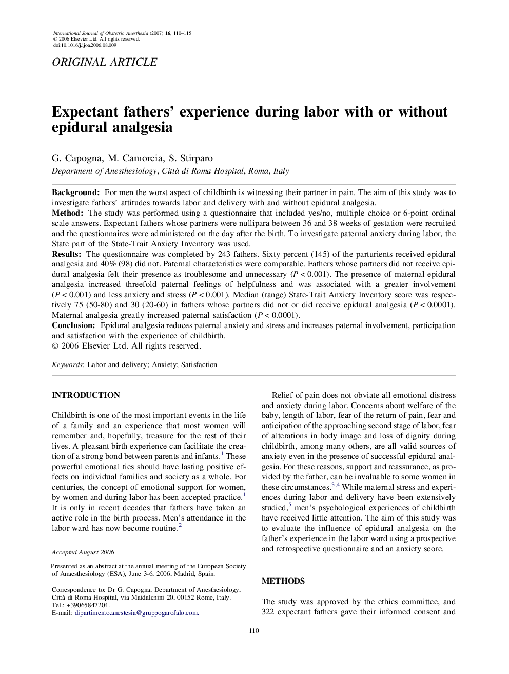 Expectant fathers’ experience during labor with or without epidural analgesia 