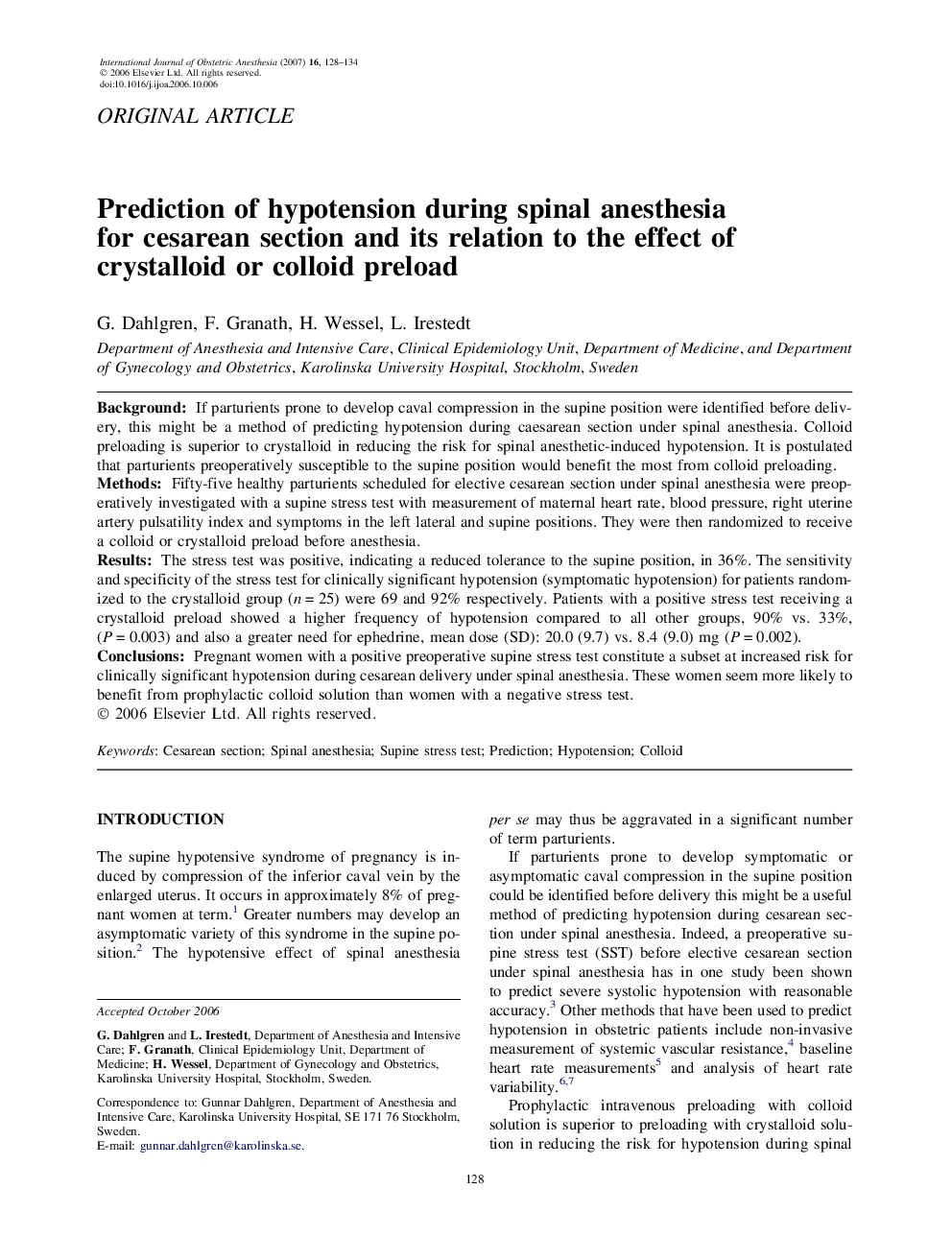 Prediction of hypotension during spinal anesthesia for cesarean section and its relation to the effect of crystalloid or colloid preload