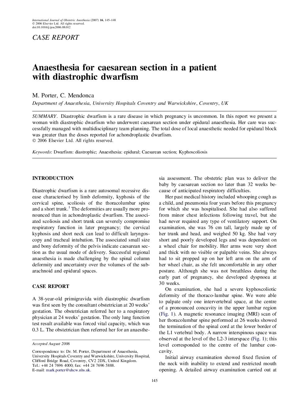 Anaesthesia for caesarean section in a patient with diastrophic dwarfism