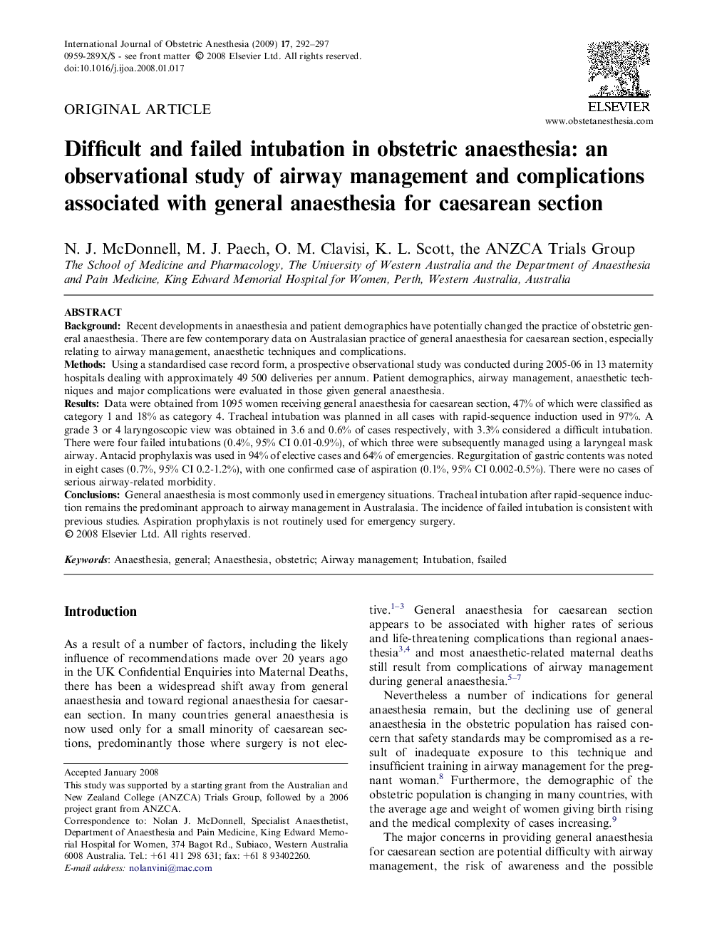 Difficult and failed intubation in obstetric anaesthesia: an observational study of airway management and complications associated with general anaesthesia for caesarean section 