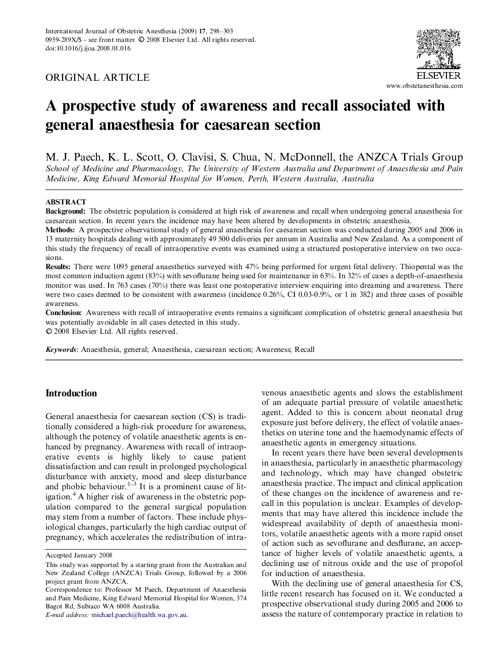 A prospective study of awareness and recall associated with general anaesthesia for caesarean section 