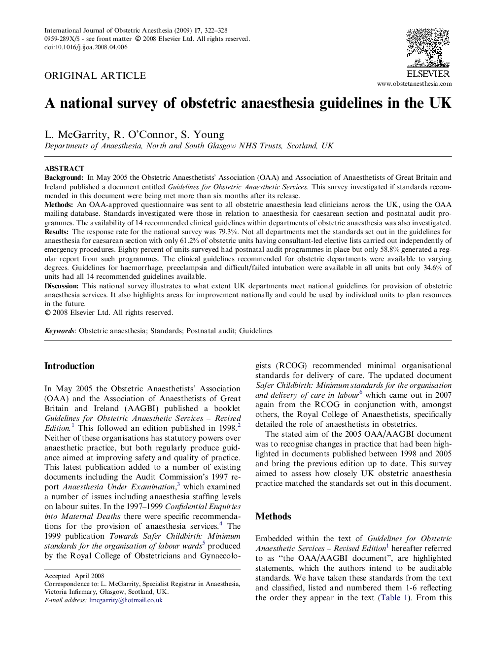 A national survey of obstetric anaesthesia guidelines in the UK