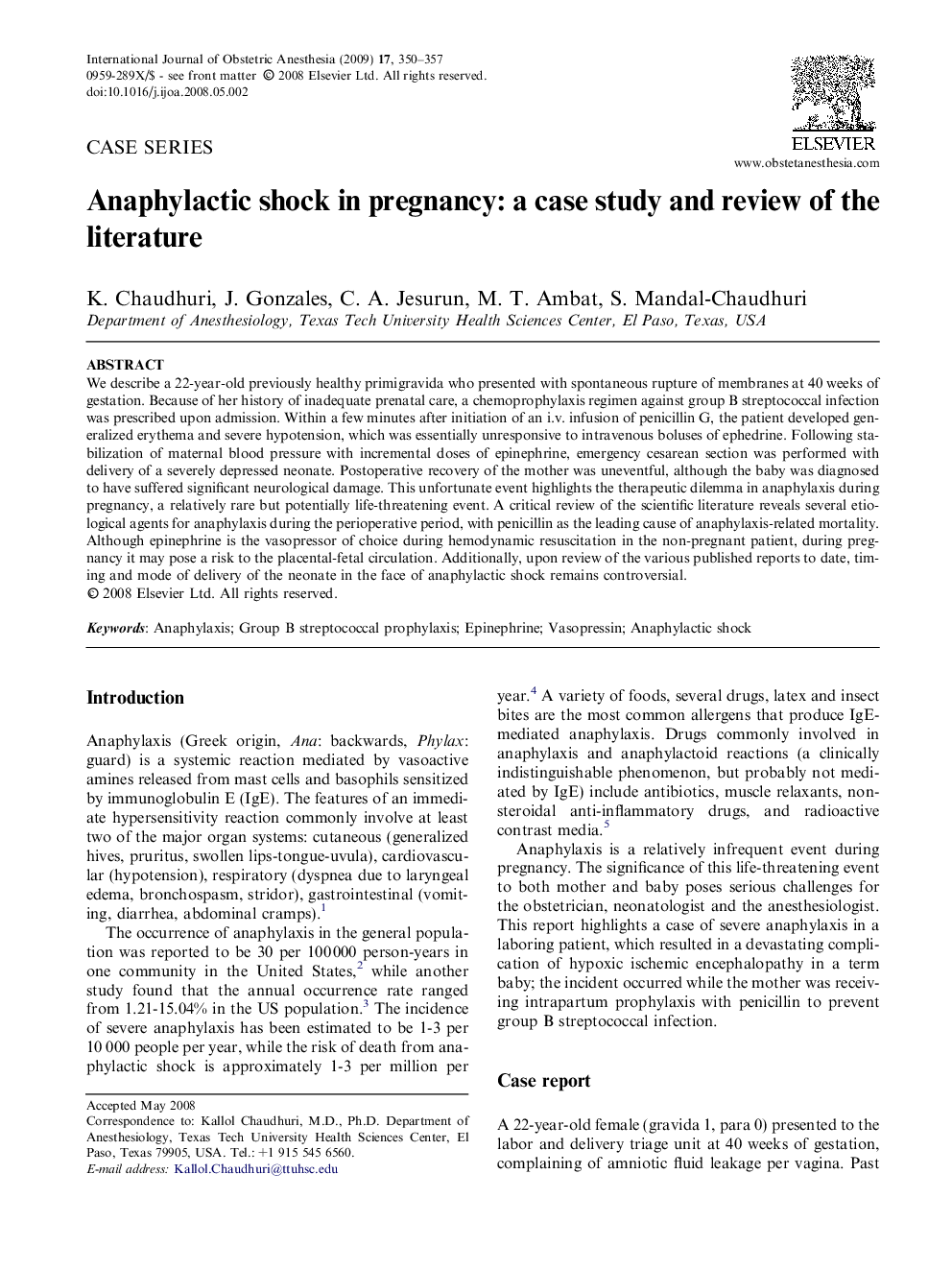 Anaphylactic shock in pregnancy: a case study and review of the literature