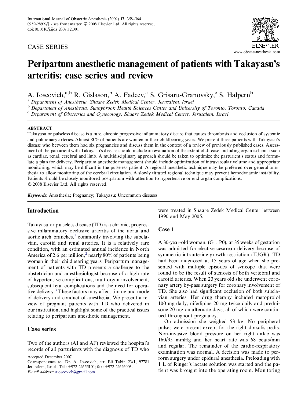 Peripartum anesthetic management of patients with Takayasu’s arteritis: case series and review