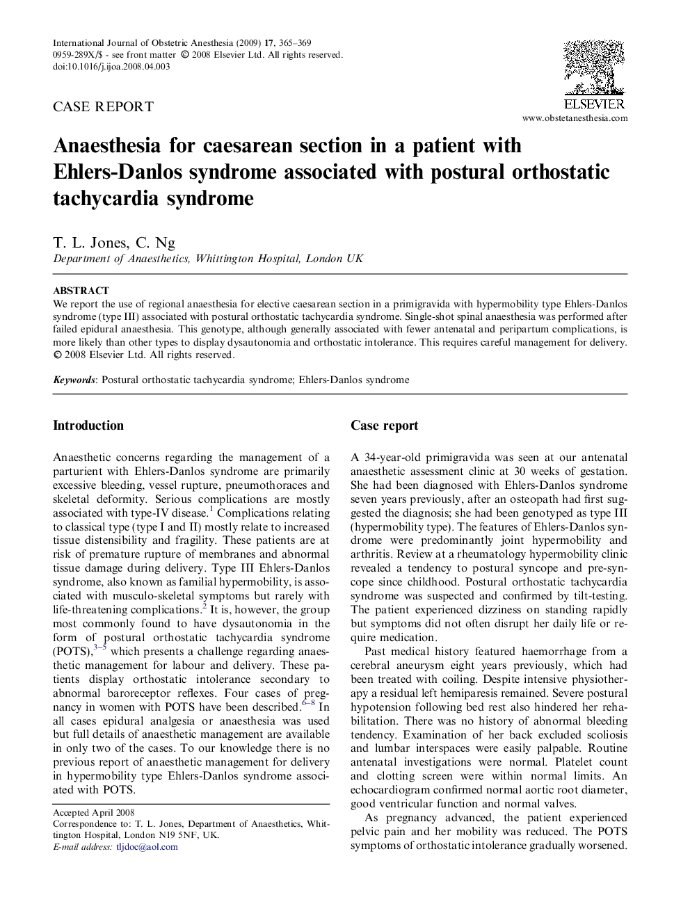 Anaesthesia for caesarean section in a patient with Ehlers-Danlos syndrome associated with postural orthostatic tachycardia syndrome