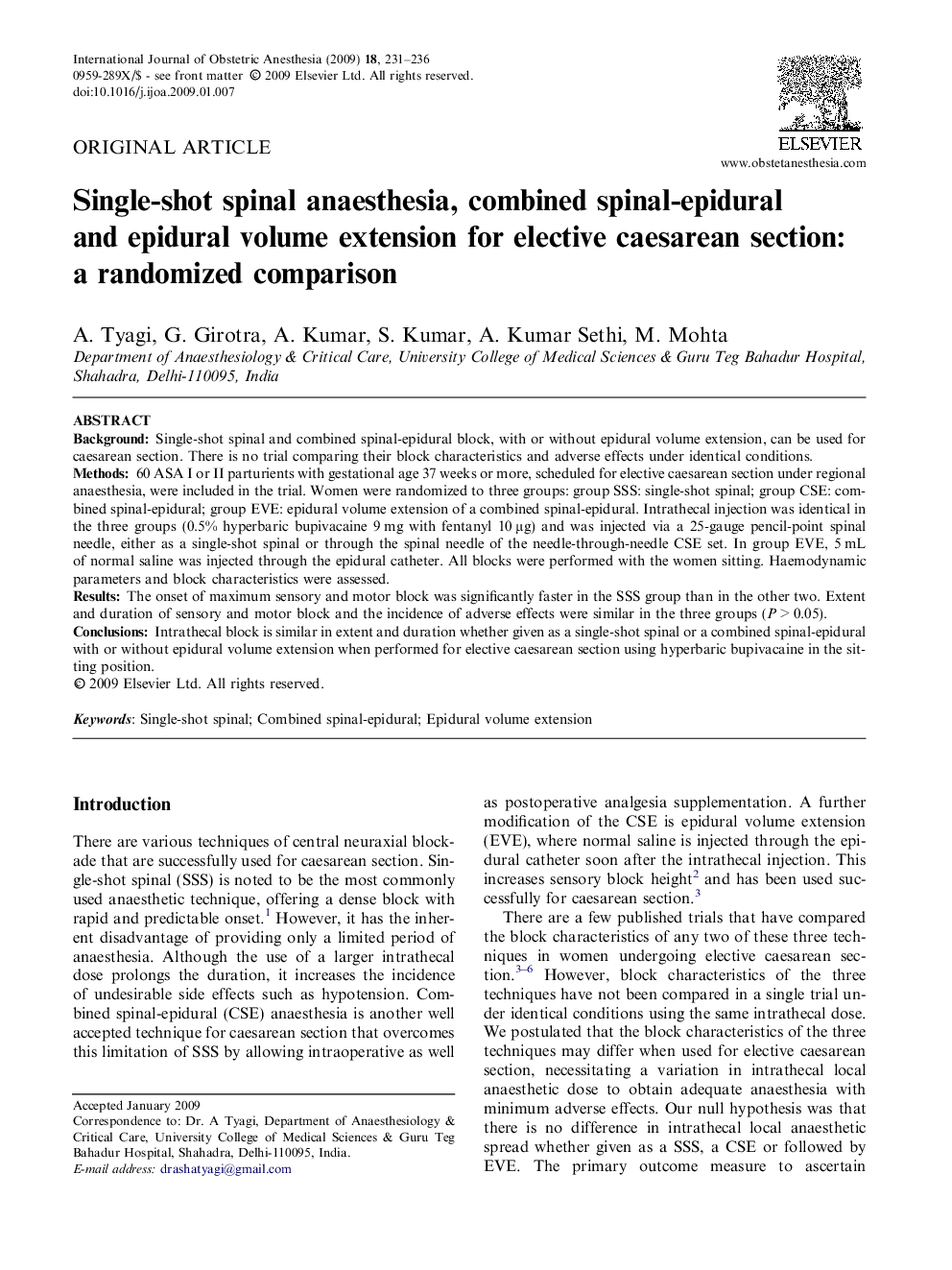 Single-shot spinal anaesthesia, combined spinal-epidural and epidural volume extension for elective caesarean section: a randomized comparison