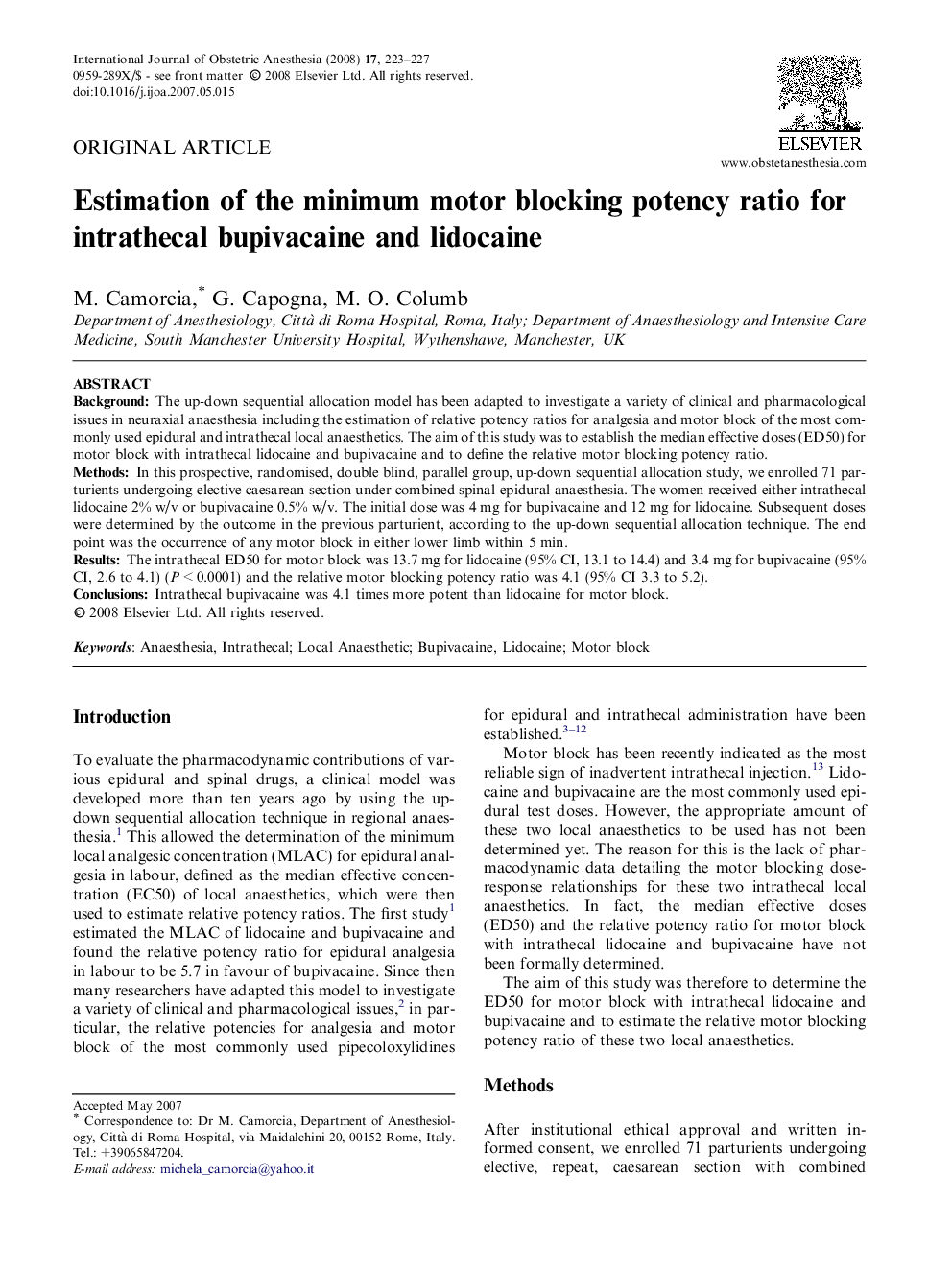 Estimation of the minimum motor blocking potency ratio for intrathecal bupivacaine and lidocaine